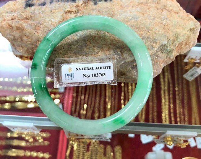 Translucent Natural Green, White Jadeite Jade Vintage Bangle Bracelet 51.7MM