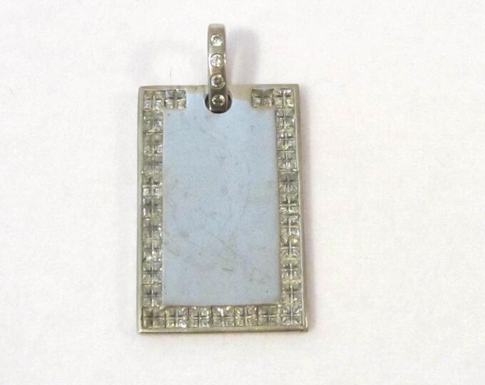 Vintage Sterling silver Rhodium-Plated Rectangle Tag White stone Pendant 2 1/2''