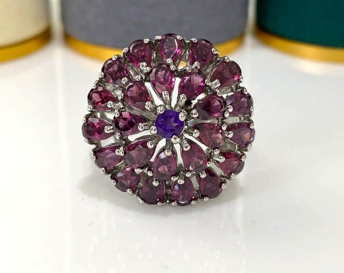 Vintage Sterling Silver Natural Rhodolite & Amethyst Ring Size 8