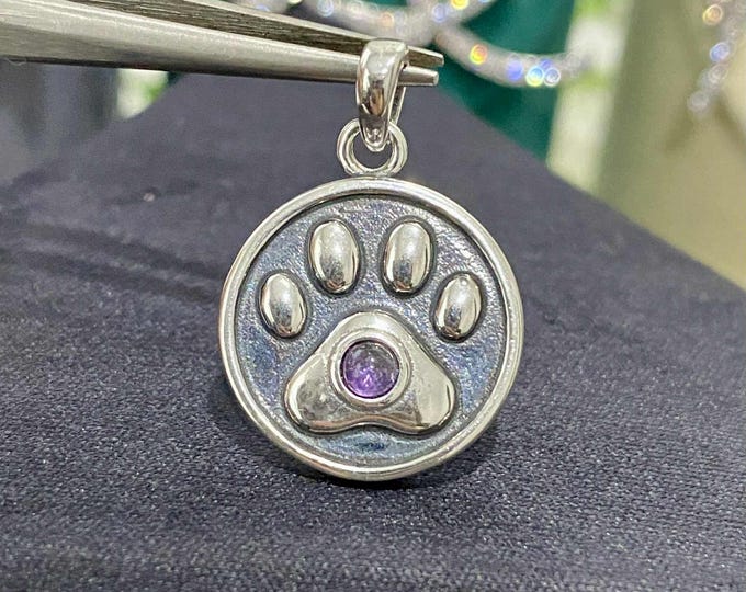 Sterling Silver Natural Amethyst Paw Pendant.