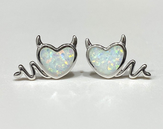 Sterling Silver White Opal Heart Devil Earrings.