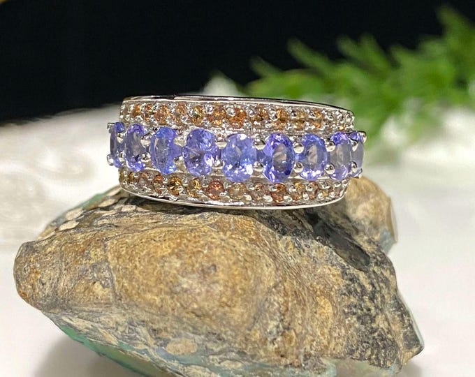 Vintage Sterling Silver Natural Tanzanite & Yellow Sapphire Ring Size 7.75