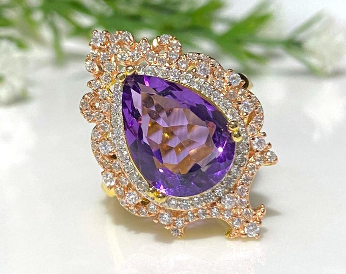 Vintage 14K Gold Plate on Sterling Silver Natural Amethyst & White Topaz Adjust Ring Size 8