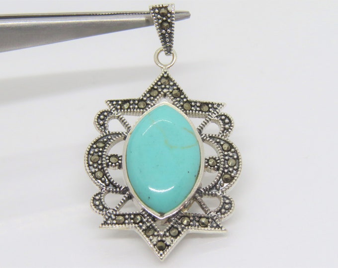 Vintage Sterling Silver Turquoise & Marcasite Pendant