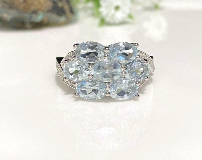 Vintage Sterling Silver Natural Aquamarine & White Topaz Ring Size 7