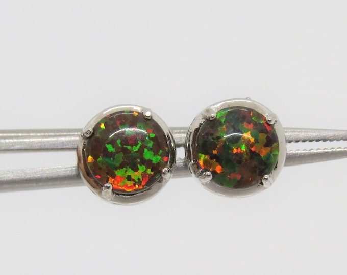 Vintage Sterling Silver Round cut Black Opal Stud Earrings