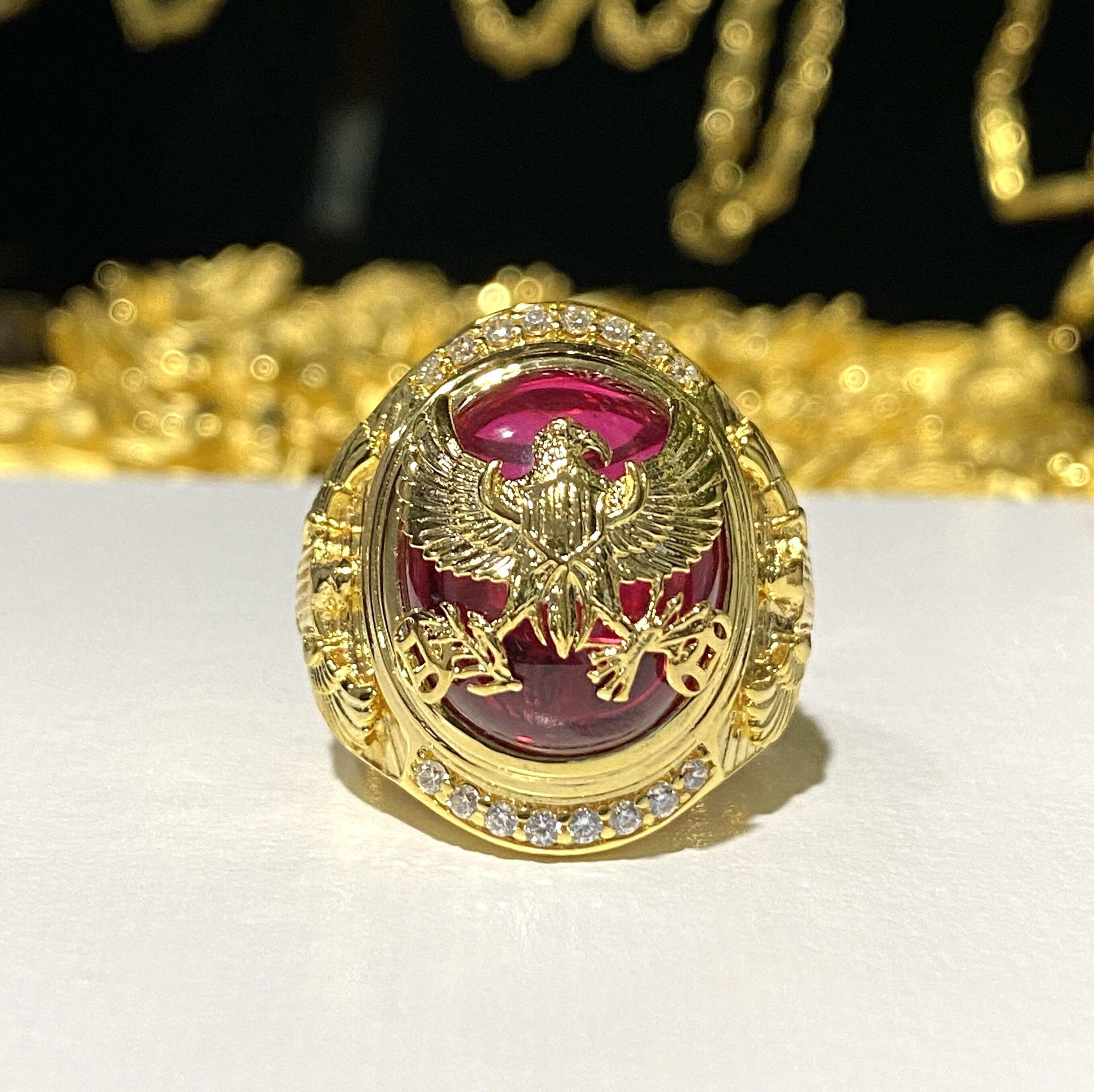 Vintage 15K 610 Yellow Gold Ruby Cabochon & White Topaz