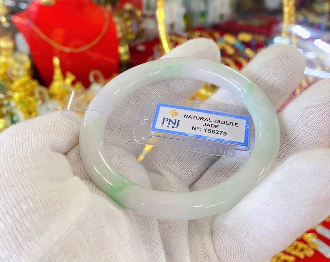 Translucent Natural Green, White Jadeite Jade Vintage Bangle Bracelet 53.7MM