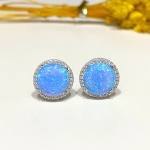 Sterling Silver Blue Opal & White Topaz Halo Earrings.
