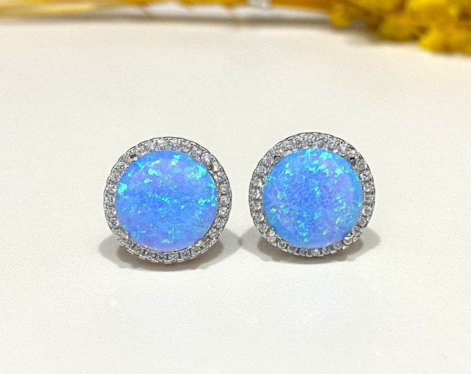 Sterling Silver Blue Opal & White Topaz Halo Earrings.