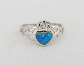 Vintage Claddagh Sterling Silver Blue Opal Ring Size 9