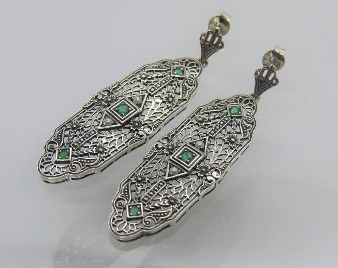 Sterling Silver Natural Emerald & Seed Pearl Flower Filigree Earrings