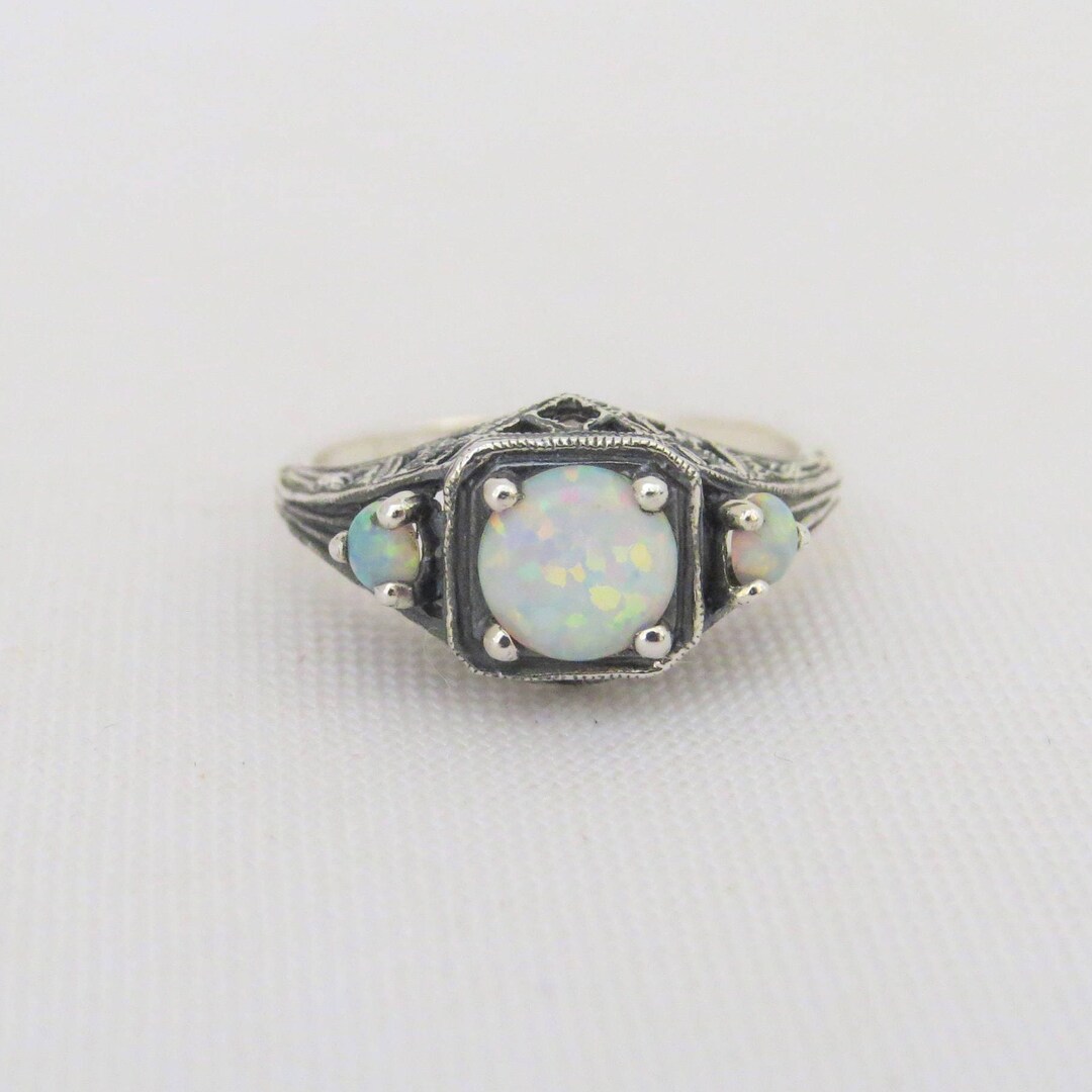 Vintage Sterling Silver White Opal Three Stone Filigree Ring - Etsy