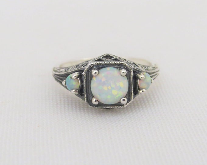 Vintage Sterling Silver White Opal Three stone Filigree Ring Size 6