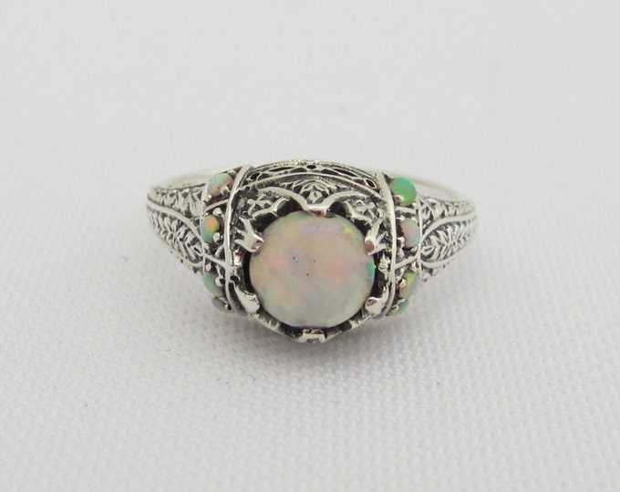 Vintage Sterling Silver Fire Opal Filigree Ring Size 9