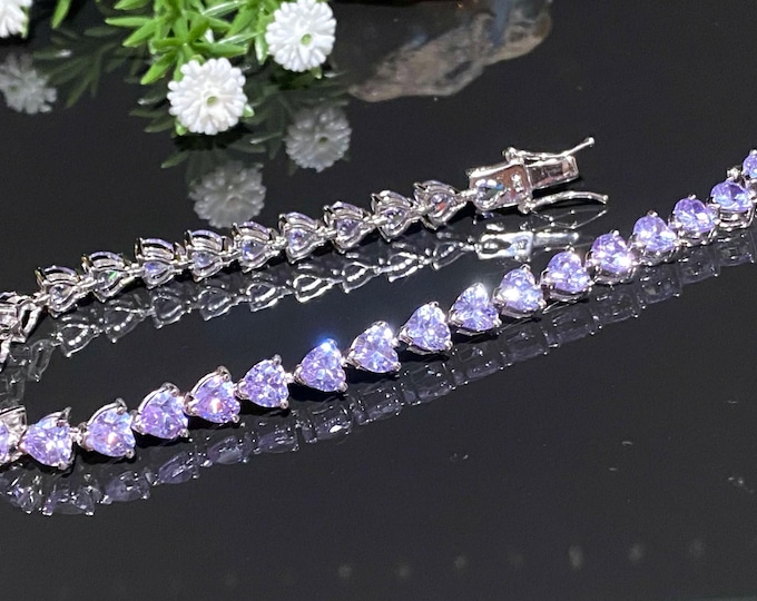 Vintage Sterling Silver Heart cut Light Purple Amethyst Link Bracelet 7 1/2''