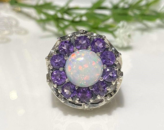 Vintage Sterling Silver White Opal & Amethyst Dome Ring Size 8