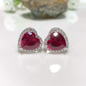 Vintage Sterling Silver Heart cut Ruby & White Topaz Earrings.
