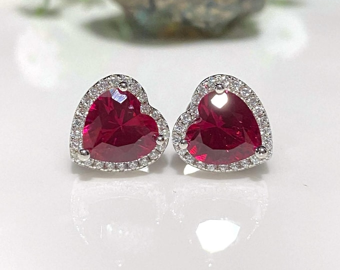 Vintage Sterling Silver Heart cut Ruby & White Topaz Earrings.