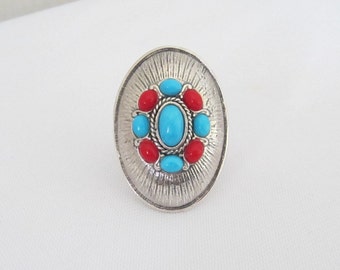 Vintage Sterling Silver Red & Blue Turquoise Oval Ring Size 7