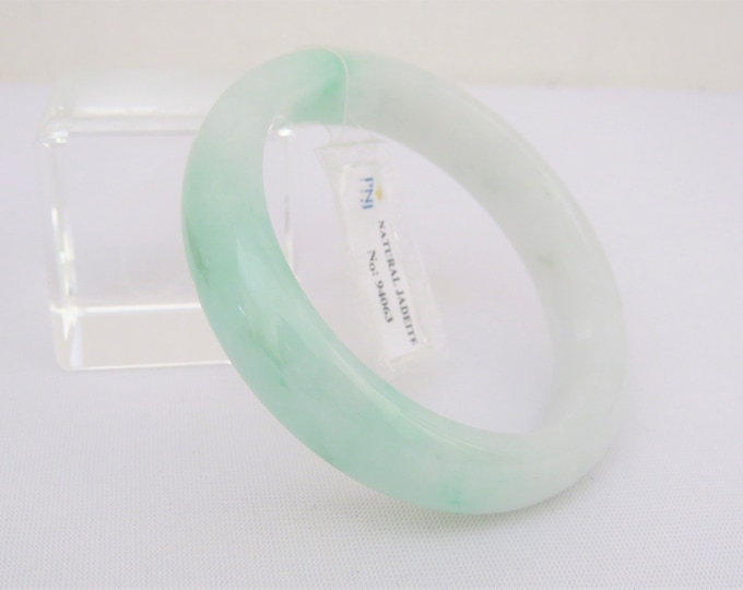 Translucent Natural Green, White Jadeite Jade Vintage Bangle Bracelet 57MM