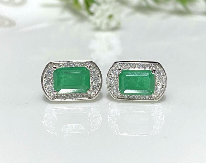 Vintage Sterling Silver Emerald & White Topaz Earrings.