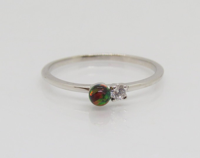 Vintage Sterling Silver Black Opal & White Topaz Tiny Thin Band Ring Size 6