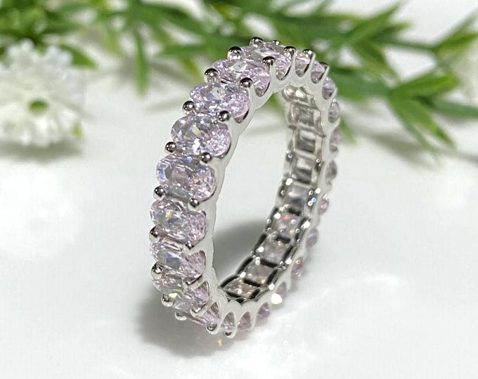 Sterling Silver Oval cut Pink Sapphire Wedding Band Ring Size 7