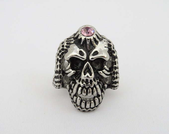 Vintage Gothic Jewelry Silver Tone Pink Rhinestone Skull Ring Size 9