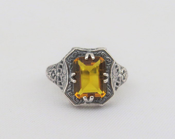 Vintage Sterling Silver Natural Citrine Filigree Ring Size 6