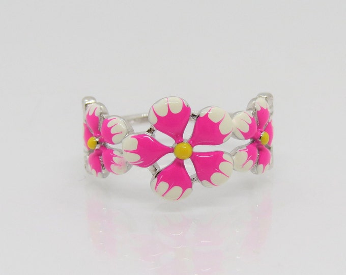 Vintage Sterling Silver Enamel Flower Dome Ring Size 7