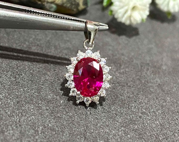 Vintage Sterling Silver Oval cut Ruby & White Topaz Pendant.