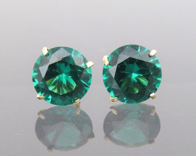 Vintage 18K Solid Yellow Gold 7.74ct Round cut Emerald Stud Earrings 10MM