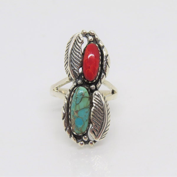 Sterling Silver Turquoise & Red Coral Leaf Long Ring 7