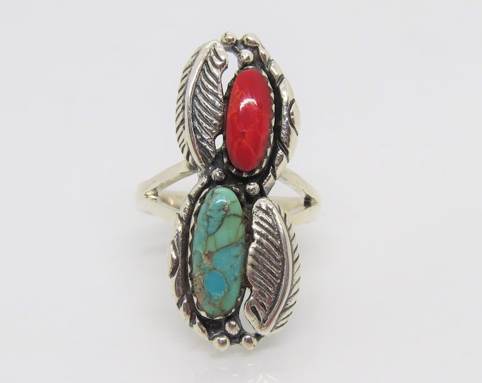 Sterling Silver Turquoise & Red Coral Leaf Long Ring 7