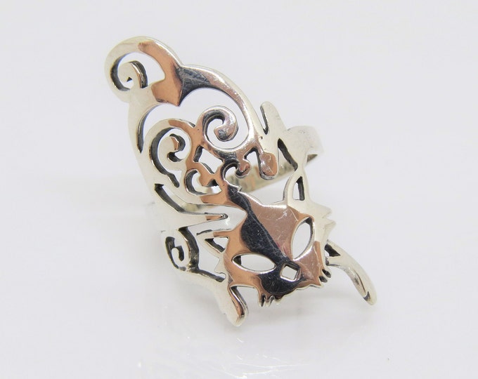 Vintage Artisan Sterling Silver Cat Dome Ring Size 8