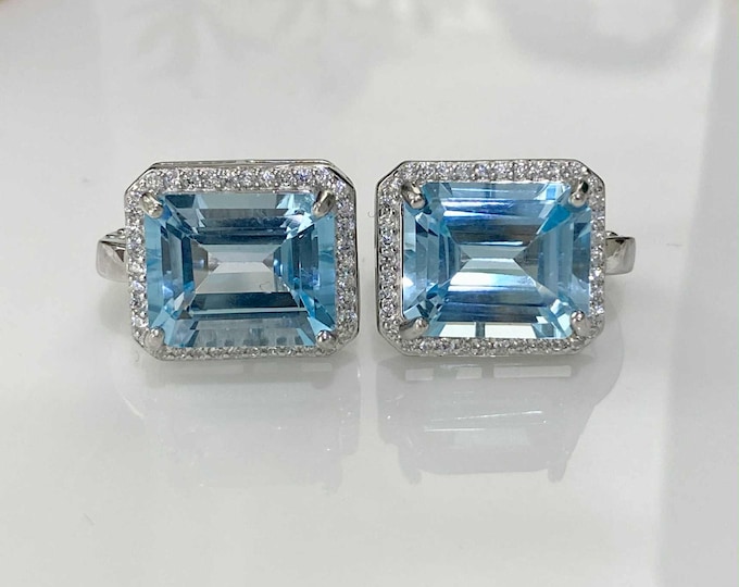 Vintage Sterling Silver 10.42cts Natural London Blue Topaz & White Topaz Earrings.
