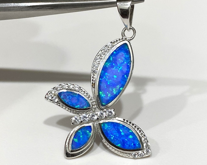 Vintage Sterling Silver Blue Opal & White Topaz Butterfly Pendant.