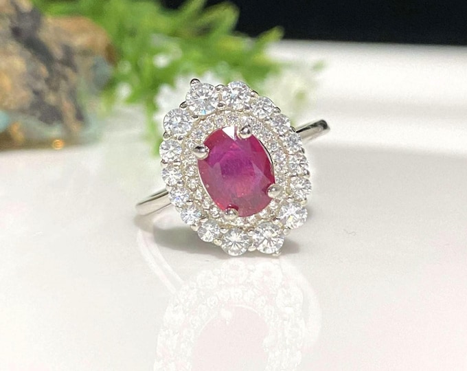 Vintage Sterling Silver Natural Oval cut Ruby & White Topaz Ring Size 7