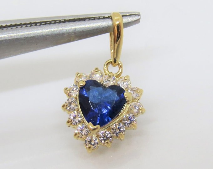 14K Solid Yellow Gold Created Blue Sapphire & White Topaz Heart Pendant