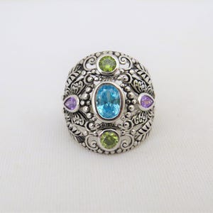 Vintage Sterling Silver Aquamarine, Amethyst & Peridot Leaf Dome Ring Size 11