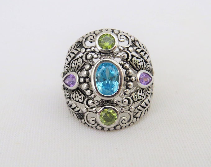 Vintage Sterling Silver Aquamarine, Amethyst & Peridot Leaf Dome Ring Size 11