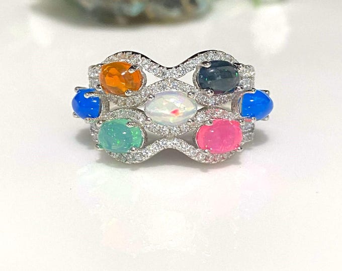 Vintage Sterling Silver Natural Orange, Pink, Blue, White & Green Opal, White Topaz Ring Size 7 3/4
