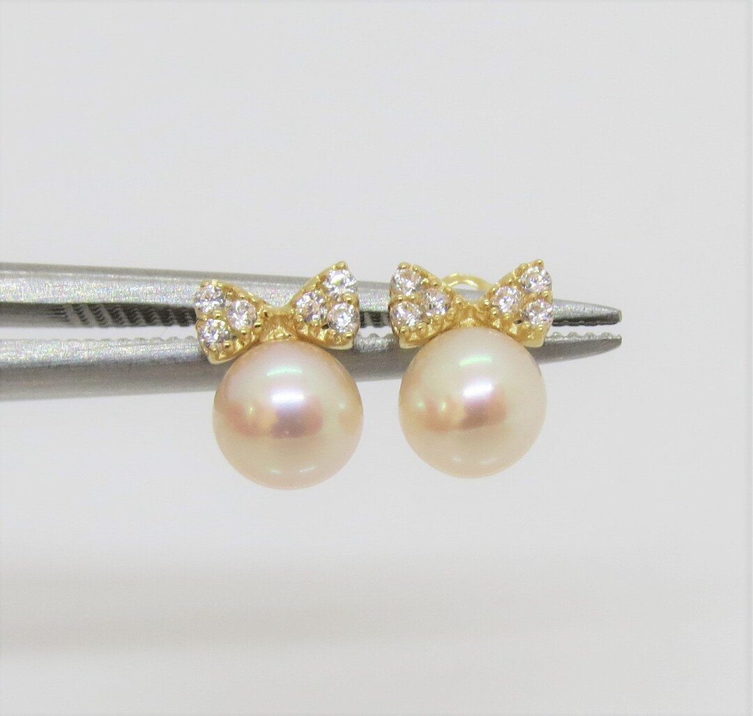 ★VINTAGE HOLLYWOOD★ [14k Gold] Antique Pearl Earrings_VH25 Vintage 14K Solid Yellow Gold Freshwater Pearl & White Topaz