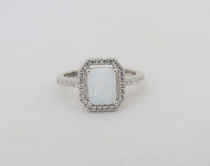 Vintage Sterling Silver White Opal & White Topaz Halo Ring.