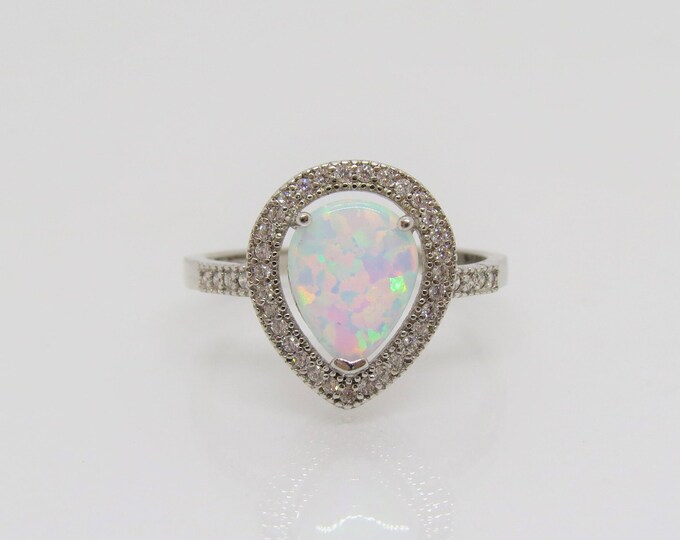 Vintage Sterling Silver White Opal & White Topaz Halo Ring Size 7