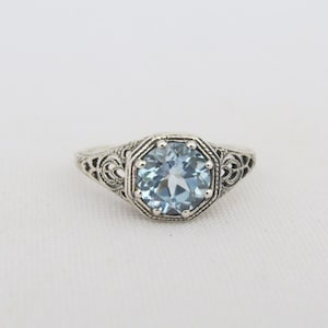 Sterling Silver Round Aquamarine Filigree Ring Size 9