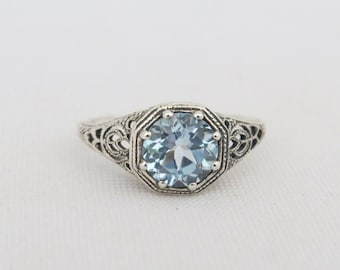 Sterling Silver Round Aquamarine Filigree Ring Size 9