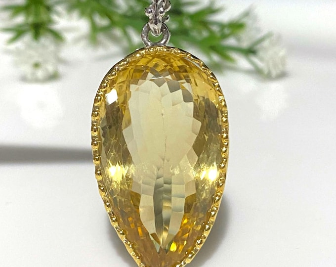 Vintage Sterling Silver 14K Gold Plate Natural Pear cut Citrine Pendant.