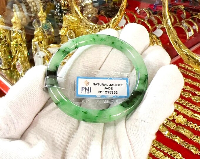 Translucent Natural Green, White & Black Jadeite Jade Vintage Bangle Bracelet 53.4MM